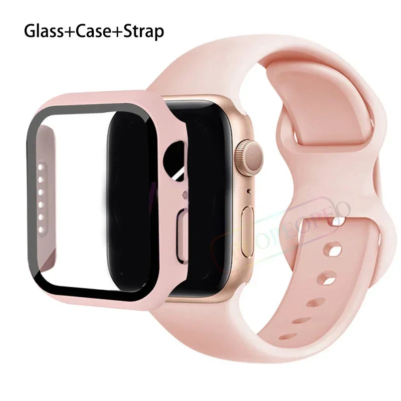 Premium Silicone Apple Watch Band with Glass Case and Strap - Compatible with All Series