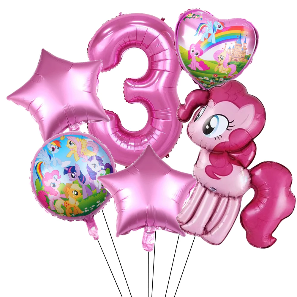 thumbnail image 1 of Juego de 6 globos de aluminio de Little Pony, globo de dibujos animados, decoración para fiesta de cumpleaños, baby shower, juguete para niños, globos de aire, suministros, 1 of 5