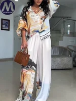 2 Pieces Set for Woman Summer New Elegant Casual  Printed Lantern Sleeves Shirt Tops Suits Fashionable Loose Wide Leg Pants Sets
