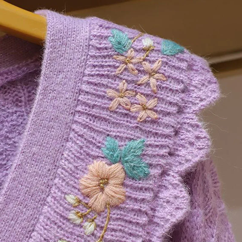 여성용 V넥 러플 스웨터 가디건, 꽃 자수 니트웨어 재킷, 여성 용수철 캐주얼 스웨터