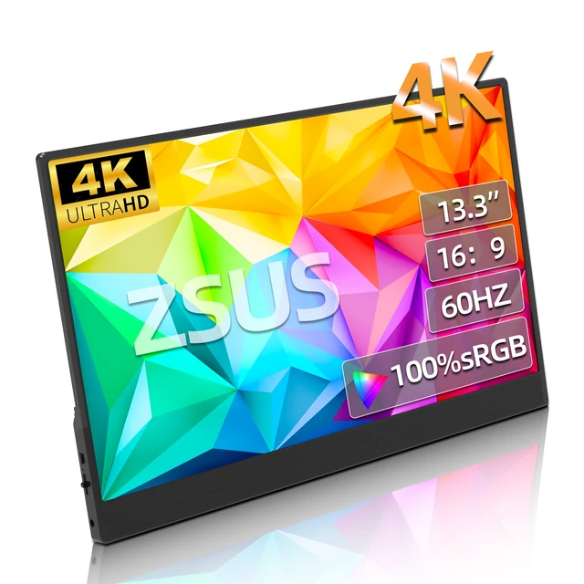 ZSUS 3840*2160 13-inch 4K Portable Monitor 60HZ For Laptop XBox PS4 / 5 Switch TV Box Cell Phone PC Extension Mobile