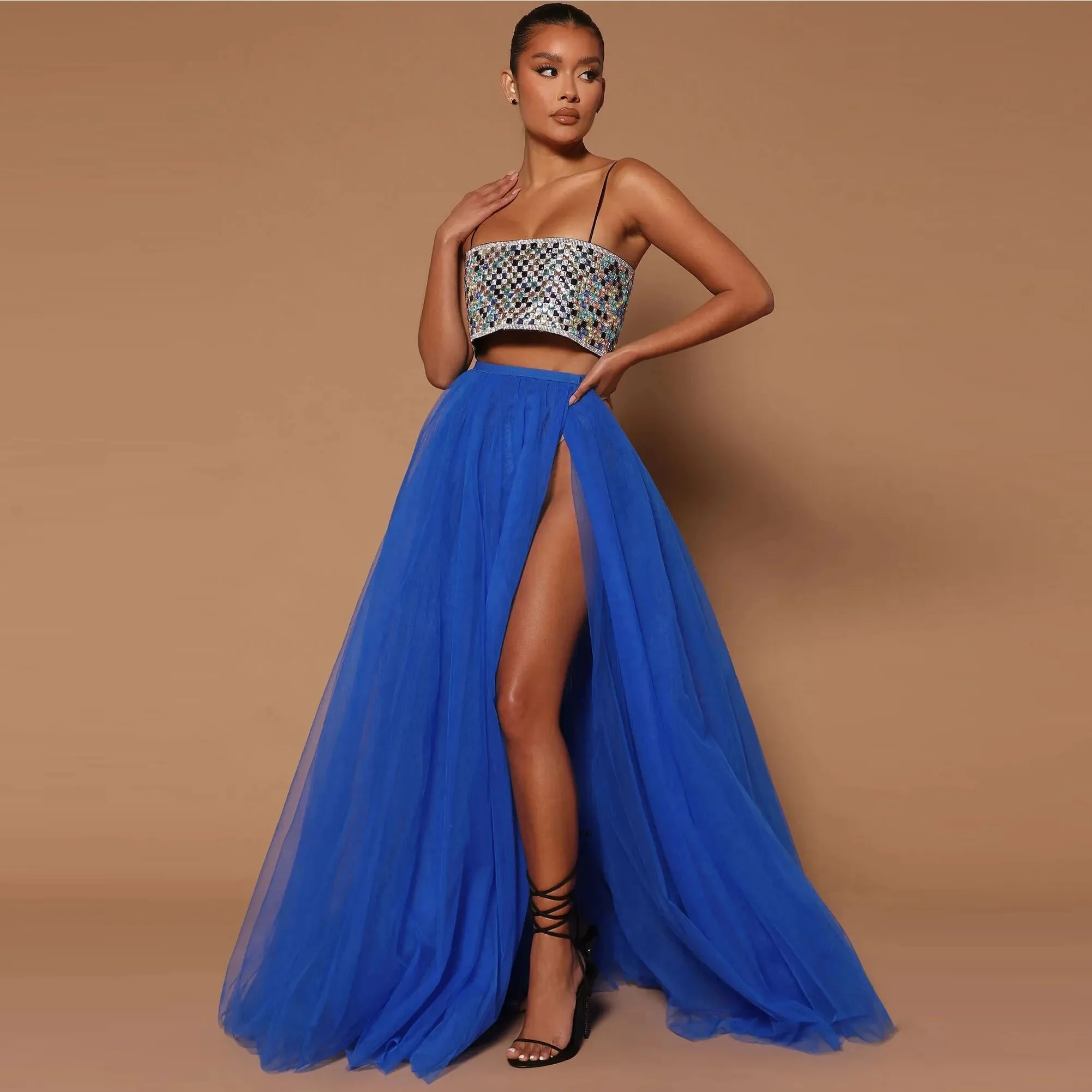 

Personalized Women Skirt Royal Blue Fashion Tulle High Slit jupe femme A Line Lush Tutu Maxi Skirt Women Floor Length