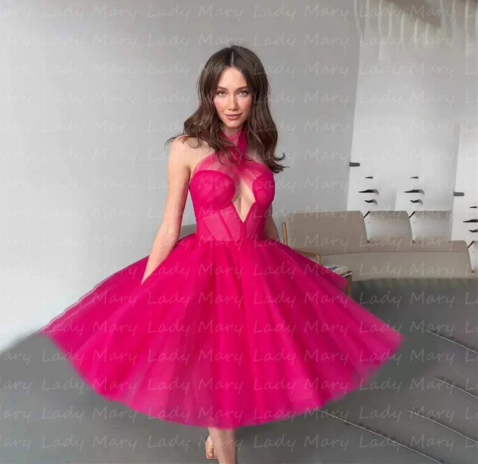 

Charming Fuchsia Homecoming Dresses Halter Neck Mini Length Tulle Girl Sweet Short Prom Gowns Exposed Boning Maxi Wedding Party