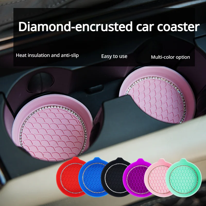 4pcs Bling Car Coasters, Universal Vehicle Bling Car Accessories -2.75 inch Silicone Anti Slip Crystal Rhinestone Cup Holder Coasters for Car (Black