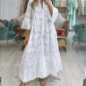용수철 여름 셔츠 드레스, 2023 화이트 드레스, V넥 플레어 슬리브, 레이스 할로우 솔리드 컬러, 섹시 롱 드레스