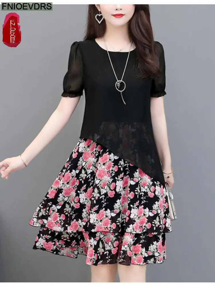 

2022 Woman Summer Holiday Patchwork Fake Faux Two Piece Ruffles Layer Floral Print Loose Lazy Black Mesh Sheer Chiffon Dress