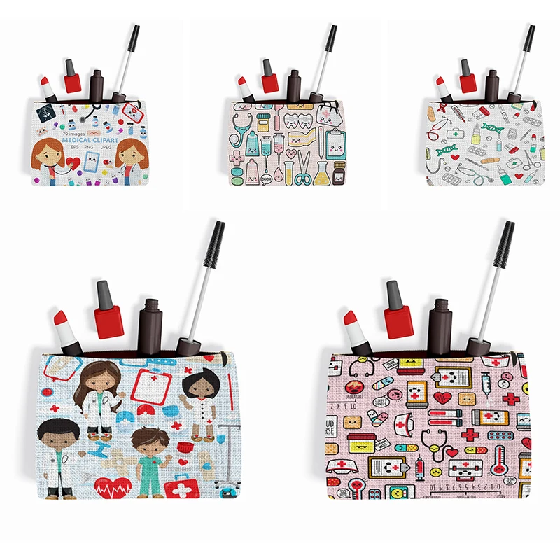 

Nurse Medical Cosmetic Case Cartoon Doctor Makeup Bag Toiletries Organizers Small Lipstick Handbag Girls Casual Women Bag Luxury