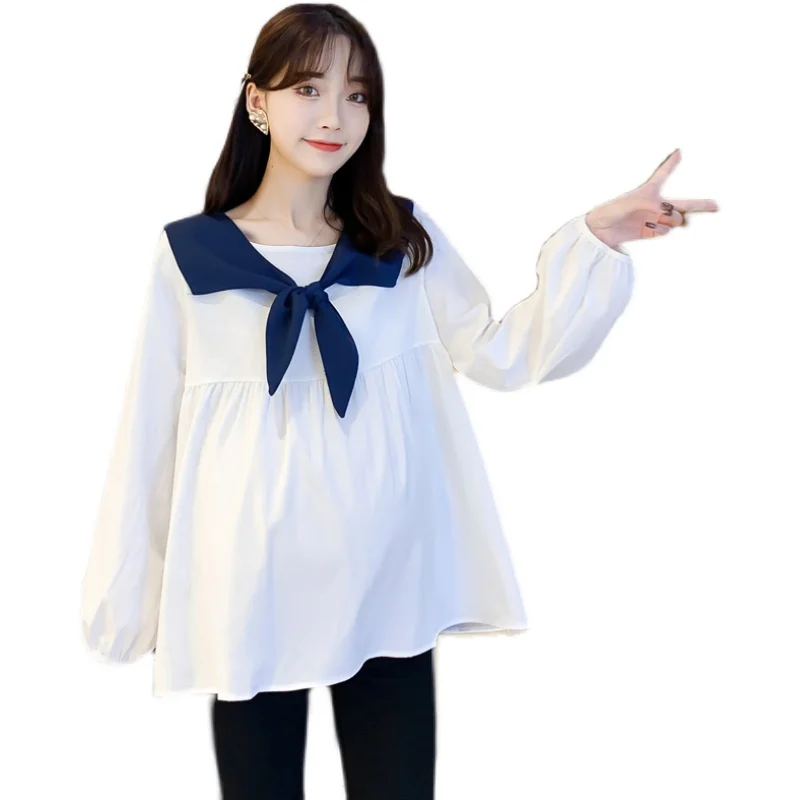 

2023 autumn pregnant women loose shirts plus size white blouses with navy sailor collar cotton clothes for pregnant women blouse