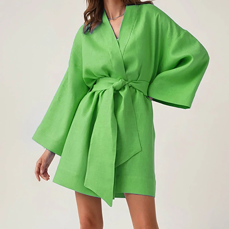 

PASSIONNÉ Women's Dress V-neck Long Sleeve with Belt Lace-up Cotton Linen Cardigan Dresses Female Casual Fashion 2023 Autumn New