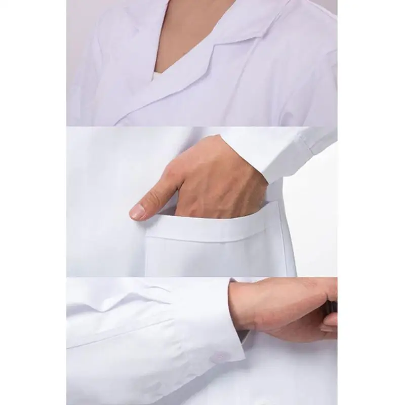 Manteau blanc à manches longues pour hommes et femmes, blouse de laboratoire professionnelle, col à revers cranté, uniforme d'infirmière médicale boutonnée, médecin