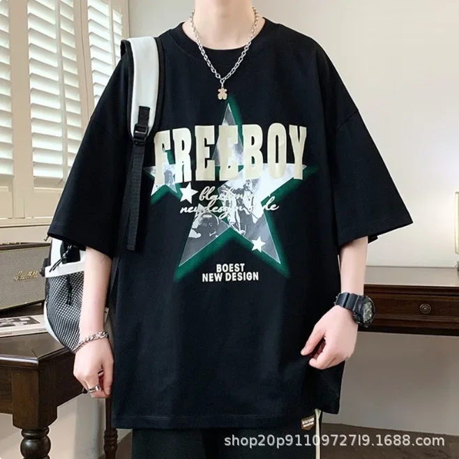 فضفاض عصري قصير الأكمام الرجال تي شيرت تنفس الكرتون طباعة الصيف أزياء عارضة أعلى نصف كم هونغ كونغ نمط المحملة