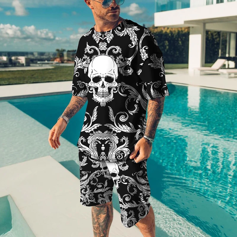 

New Summer European and American Oversized Men's Trend Casual Beach Style Texture 3D Digital Printing T-shirt Shorts Suit