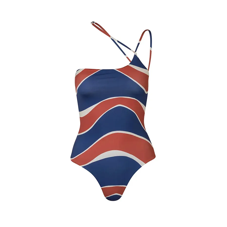 New Striped Printed One-piece Swimsuit Women's Beach Suit Skirt Tie-shoulder Swimswaer Coconut High Waist Bikini Beachwear Cover