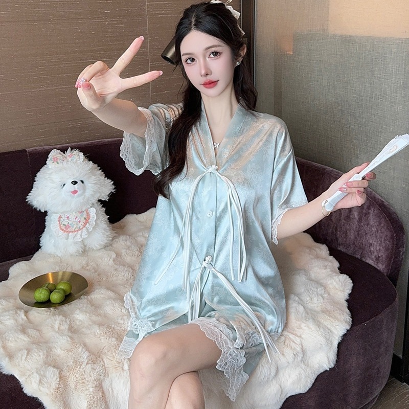 Chinese style strappy jacquard lace edge ladies pajamas summer new short-sleeved shorts lapel girls homewear two-piece suit