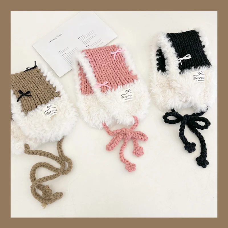 Korean Sweet Pink Hand-knitted Plush Earmuffs Women Autumn and Winter Travel Keep Warm Versatile Hair Accessories warm earmuffs