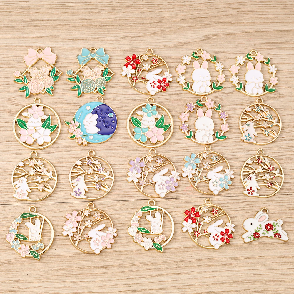 Tusember 10 Stück niedliche Blumen-Kaninchen-Anhänger aus Legierung, Kawaii-Blumen-Kaninchen-Anhänger für DIY-Armbänder, Halsketten, Schmuckherstellung