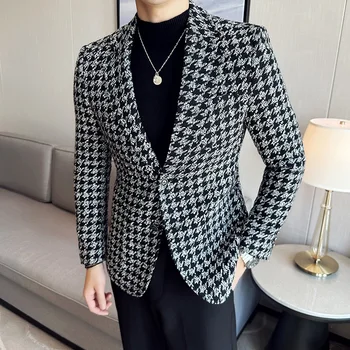 남성용 두꺼운 격자 무늬 수트 재킷, 슬림핏, 고품질 턱시도, 비즈니스 패션, 연회, 남성 의류, 가을, 겨울, 2023