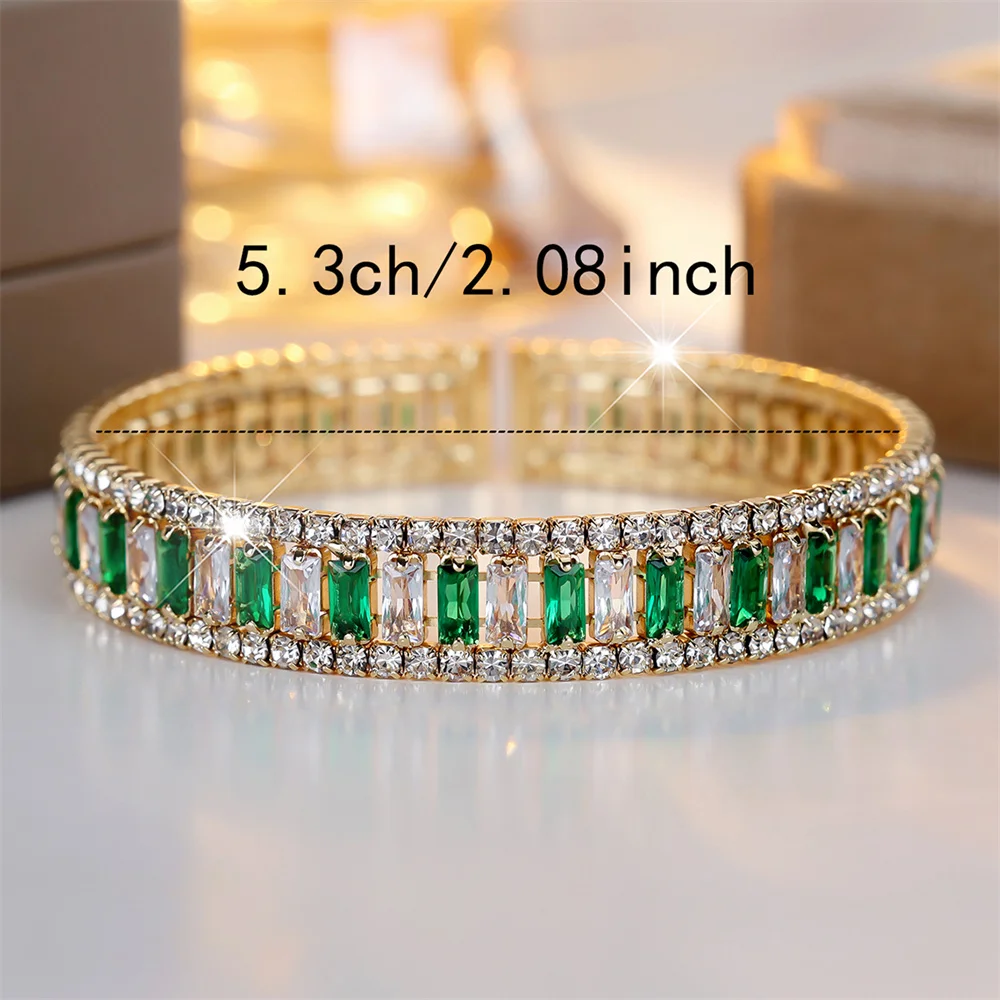 Square Stone Green Crystal Fashion Rhinestone Bangle Bracelets For Women Trendy Gold Color White Zircon Bracelet Wedding Jewelry