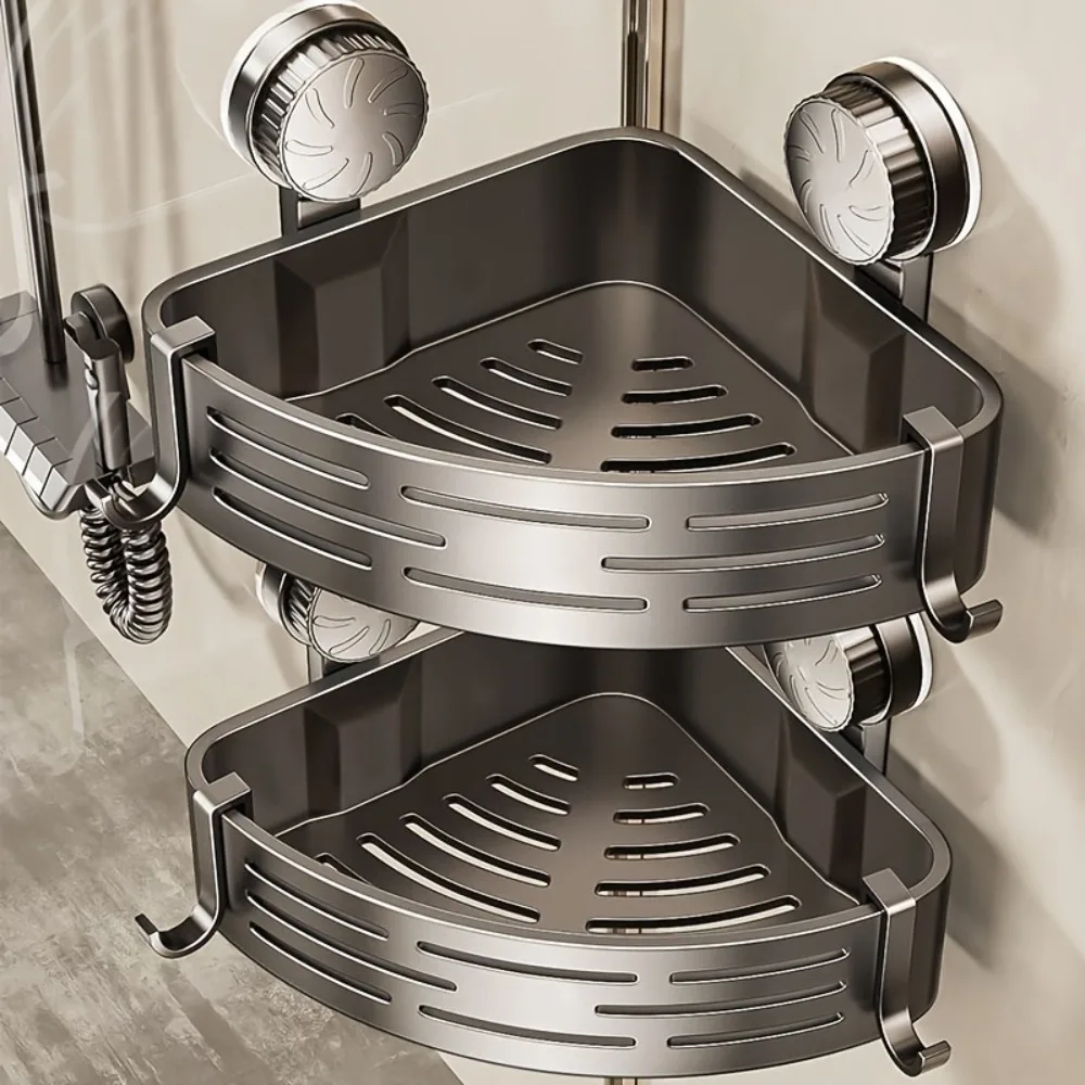 Triangular Space-Saving Suction Cup Bathroom Storage Shelf No Drilling Required Multifunctional Storage Organizer Hooks