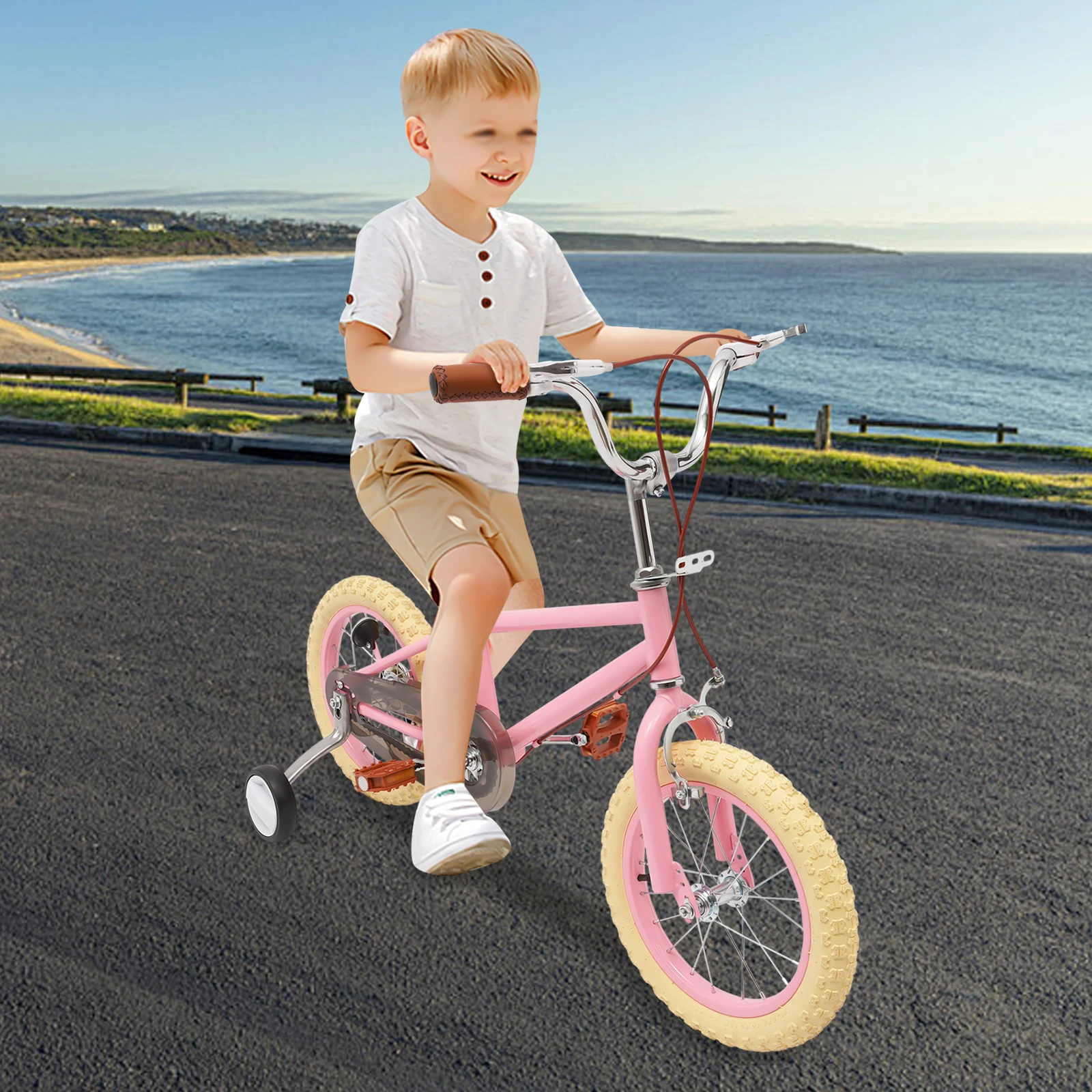 Bicicletta Bambini 14 Pollici Con Ruote Ausiliarie - Regolabile In Altezza, Freni Doppi, Cesto E Copricatena
