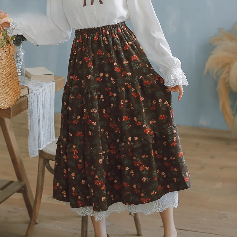

Japanese Girl Midi Skirt High Waist Navy Blue Brown Floral Skirt with Lace Ruffles Women Vintage Elegant Corduroy Skirts M124