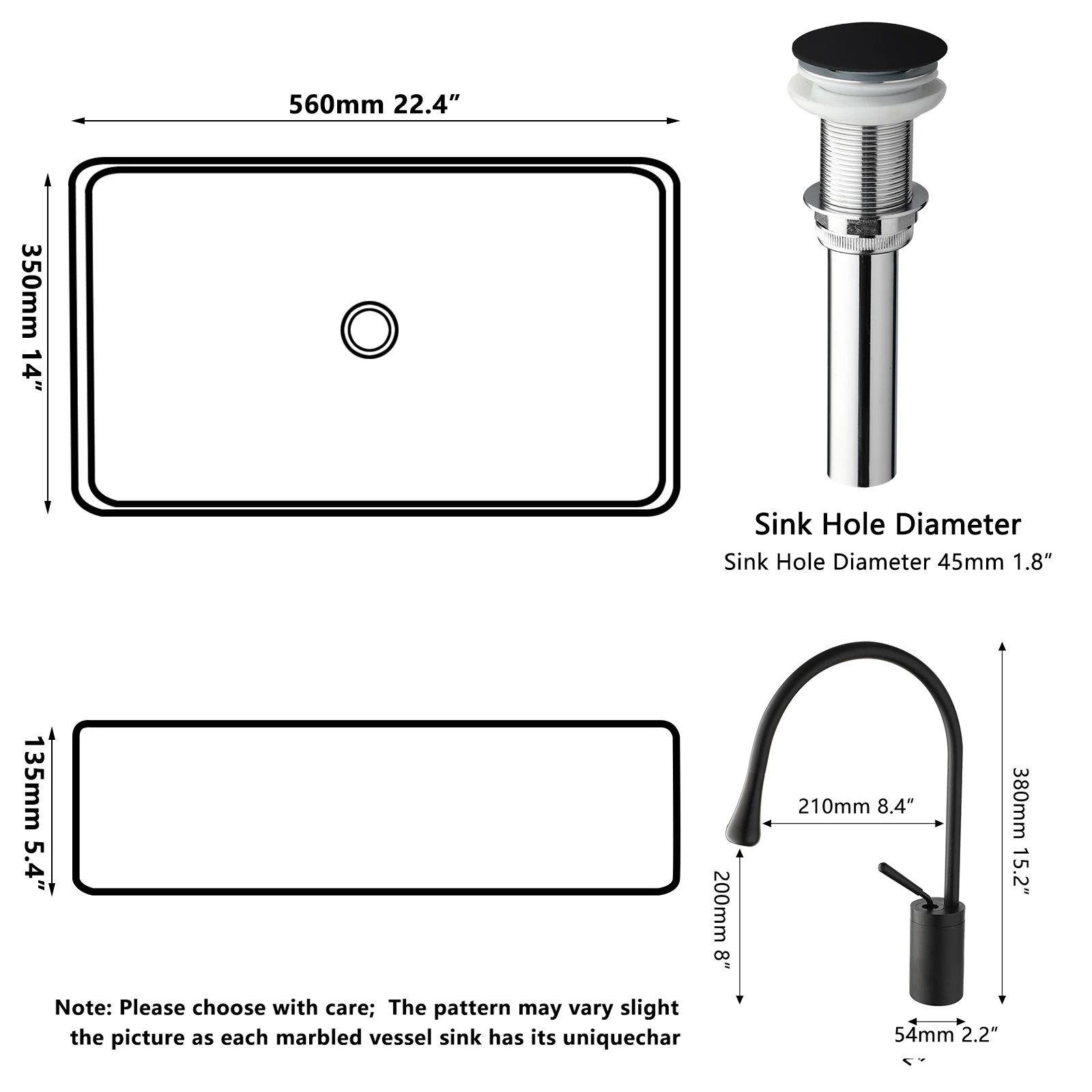 KEMAIDI Bathroom Sink Faucet Set Rectangle 24"x16" Big Black Vessel Sinks for Bathroom Hotel Vanity Sink Above Counter Basin 6