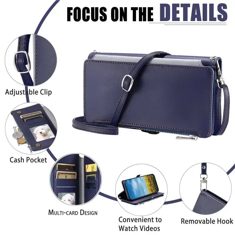 Deluxe Leather Flip Phone Case with Long Lanyard and Zipper Wallet Card Holder