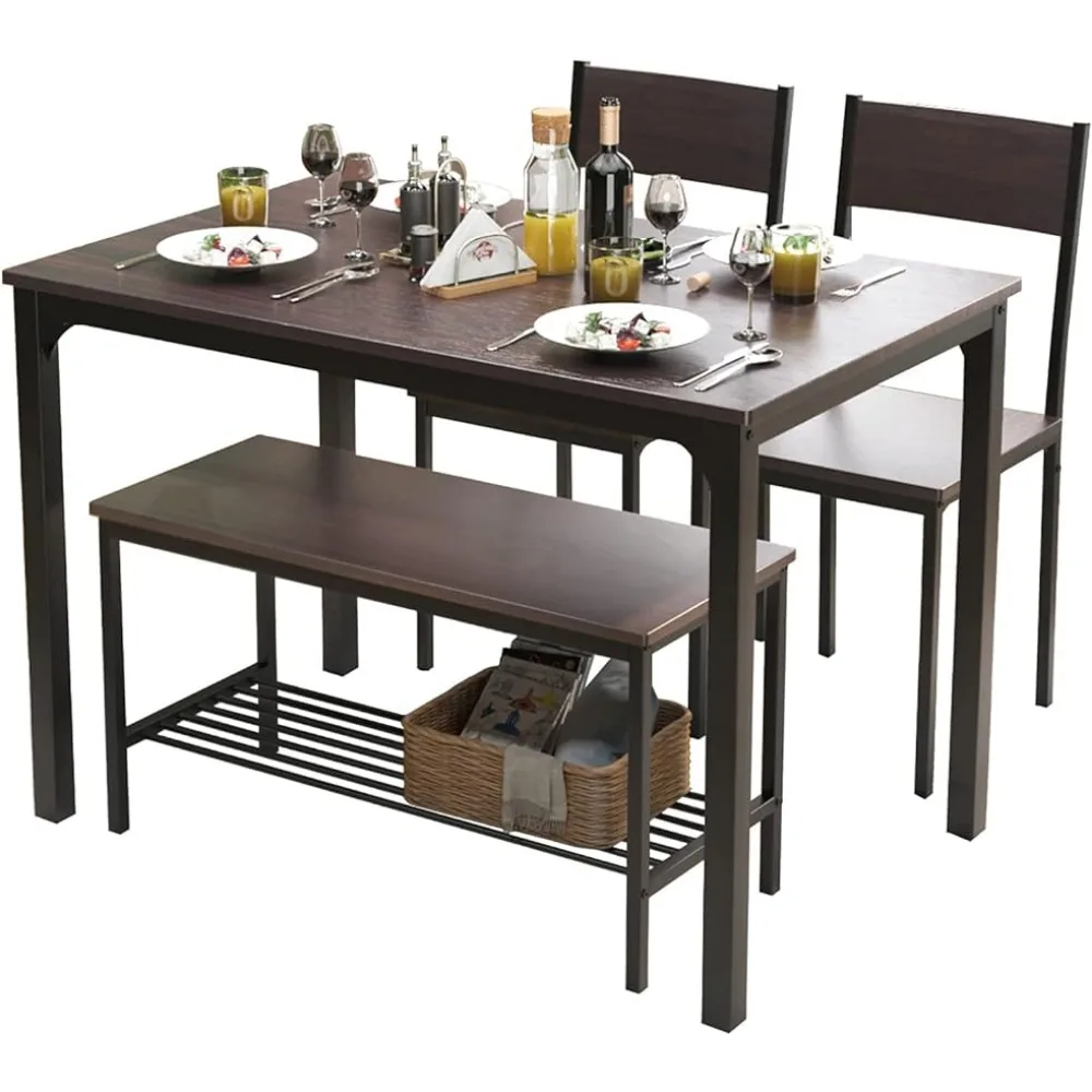 

soges 4 Person Dining Table Set,43.3 inch Kitchen Table Set for 4,2 Chairs with Backrest,2-Person Bench with Storage Rack