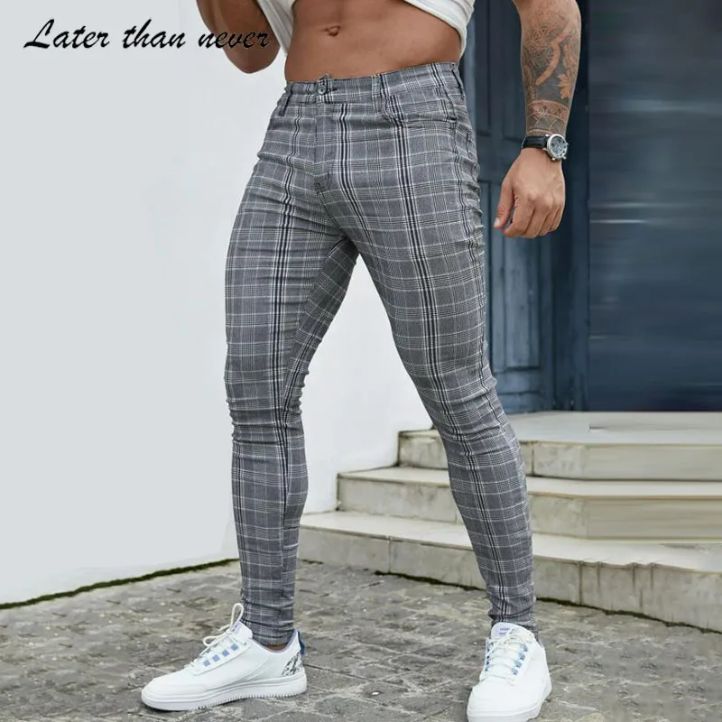 Being Vigor Street Wear High Stretchy Mens Chino Pants Plaid Slim Male