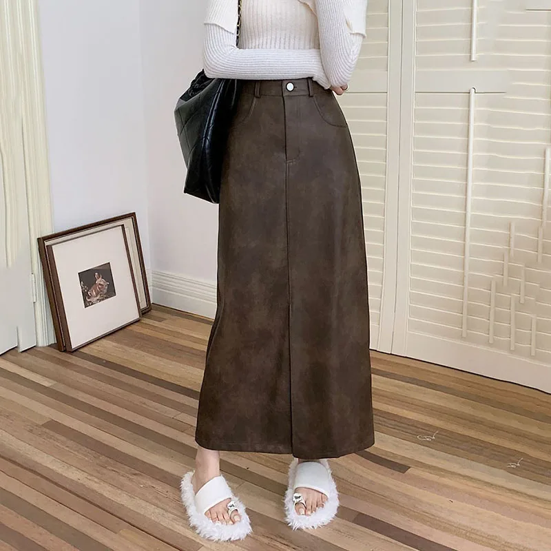 

PU Skirts Vintage High Waisted Leather Female Autumn Winter New Slimming Temperament Split s Street PU Long Faldas Clothing