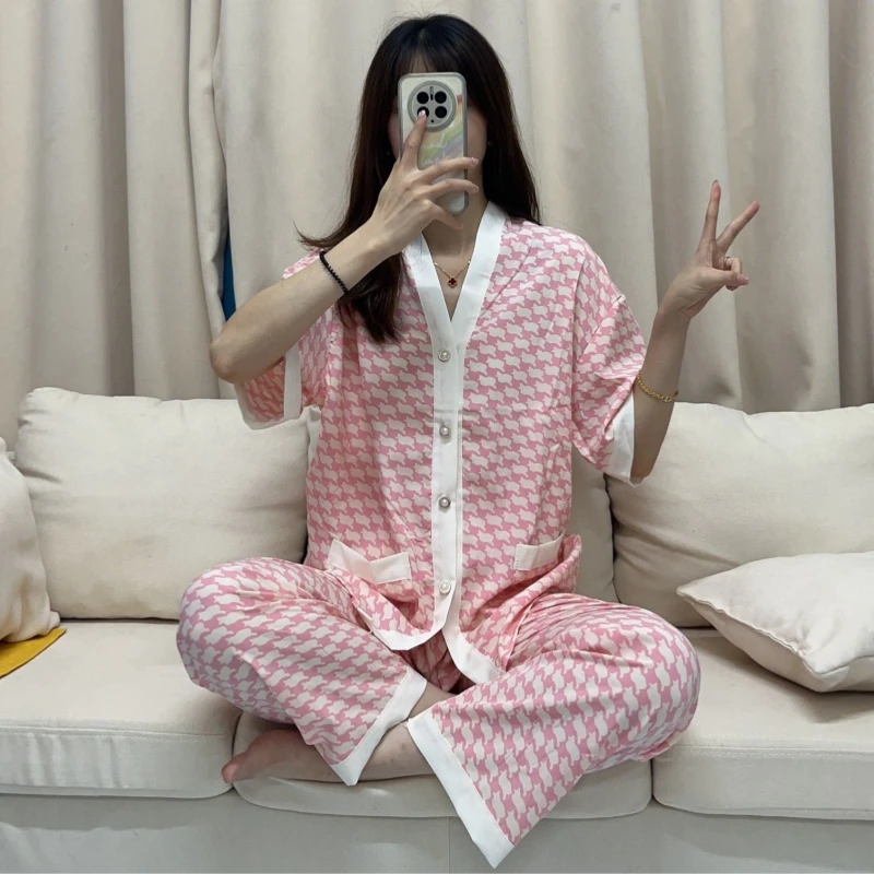 Summer Women's Thin Wall Cotton Pajamas V-neck Short Sleeve Cardigan Pants Oversized Loose Home Clothing Set Sweet Sleepwear