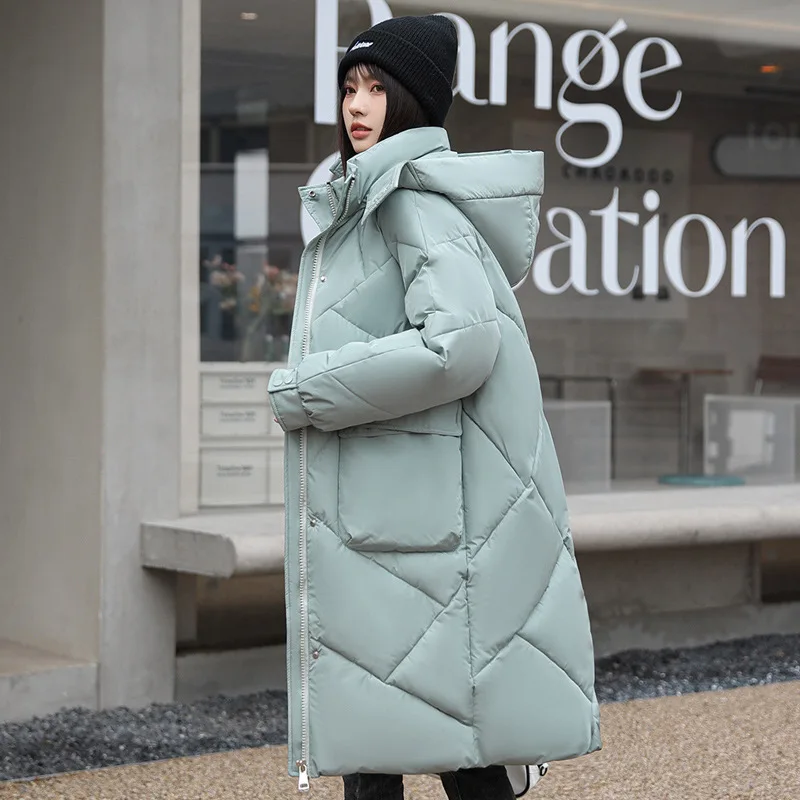 New Korean Women Winter Hooded Long Parka Down Cotton Jacket Thick Warm Puffer Jacket Snowsuit Long Sleeve Cotton Jacket Coats