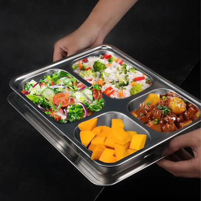 Reliable and Durable Steel Divided Plates Tray for Diet Food Control and Camping