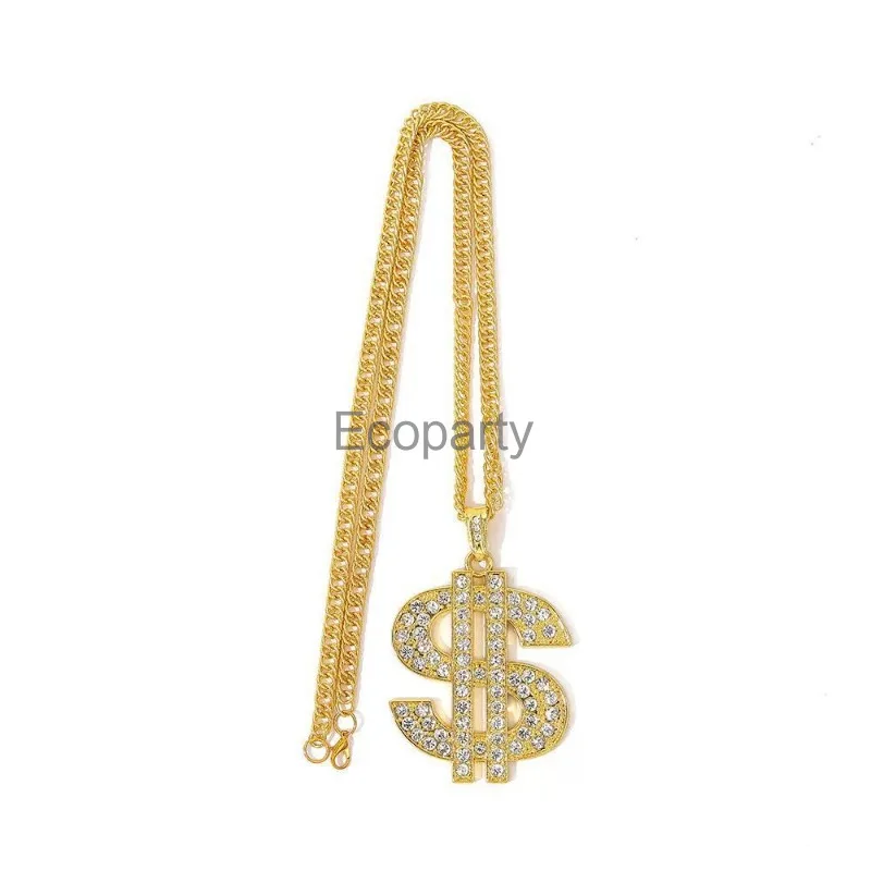 80s 90s Hip Hop Costume Accessories Set for Men Vintage Rapper Cosplay Gold Metal Chain Dollar Ring Bracelet Sunglasses Cap Suit