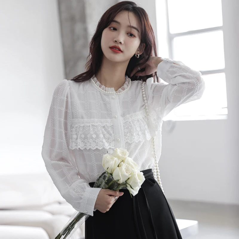 

Блузка женская с длинным рукавом, Модный повседневный топ в клетку, с кружевом, в винтажном французском стиле, рубашка для девушек