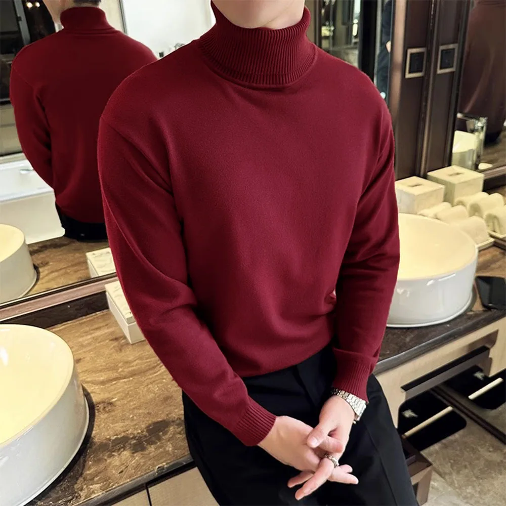Korean Fashion Autumn Winter Sweaters Men Pullovers Fleece Turtleneck Knitted Sweatshirt Warm Bottoming Shirts 4