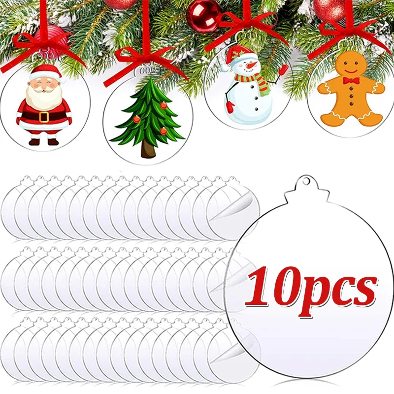 10/5Pcs Christmas Acrylic Circles Discs Clear Blanks Xmas Tree Hanging Ornaments Keychain Charms Bauble New Year Decor for Home