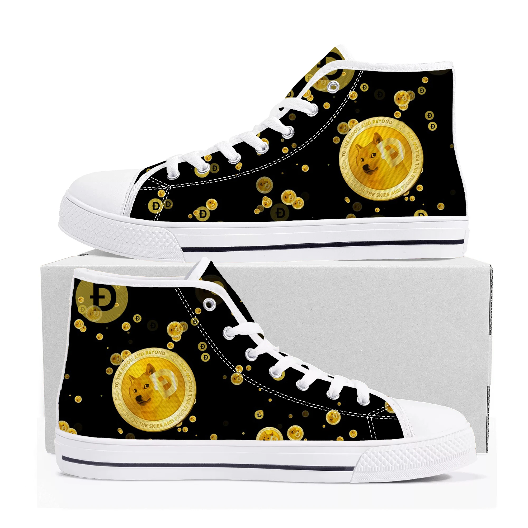 

Hot Dogecoin Crypto Currency Dog Coin High Top Quality Sneakers Mens Womens Canvas Sneaker Casual Couple Shoes Custom Shoe