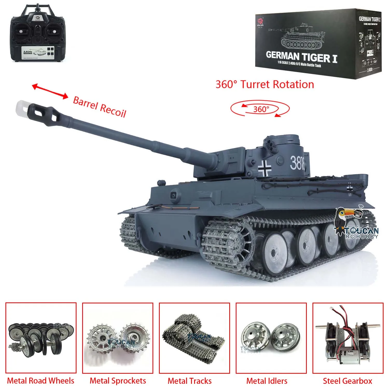 Giocattoli Heng Long 1/16 7.0 Tiger I Rtr Rc Tank 3818 W/ Barrel Recoil 360 ° Torretta Metal Tracks Ruote Bbs Toucan Model