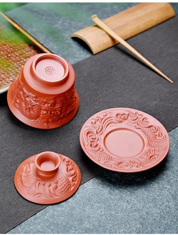 200ML Large High-end Purple Dragon Pottery Teaset Chinese Traditional Handmade GaiWan TeaCups Lid Bowl Tea Brew Tea Cup bowl