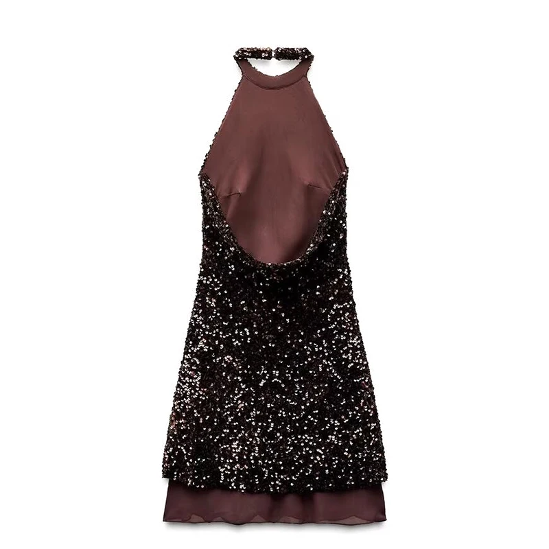 Vestido mini con lentejuelas y espalda descubierta para mujer, sexy, con hombros descubiertos, corte en A, para fiesta de noche, de verano, ajustado, con purpurina, 2025