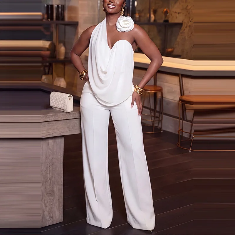Women 2 Piece Set Halter Cowl Neck Sleeveless Top High Waist Wide Leg Pants Set Elegant Formal Wedding Guest Party Matching Suit