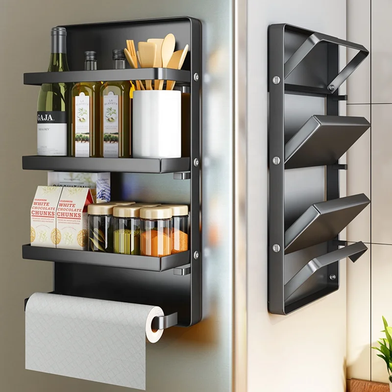 

Tier Metal Black Foldable Storage Rack Refrigerator kitchen Magnetic Spice Rack