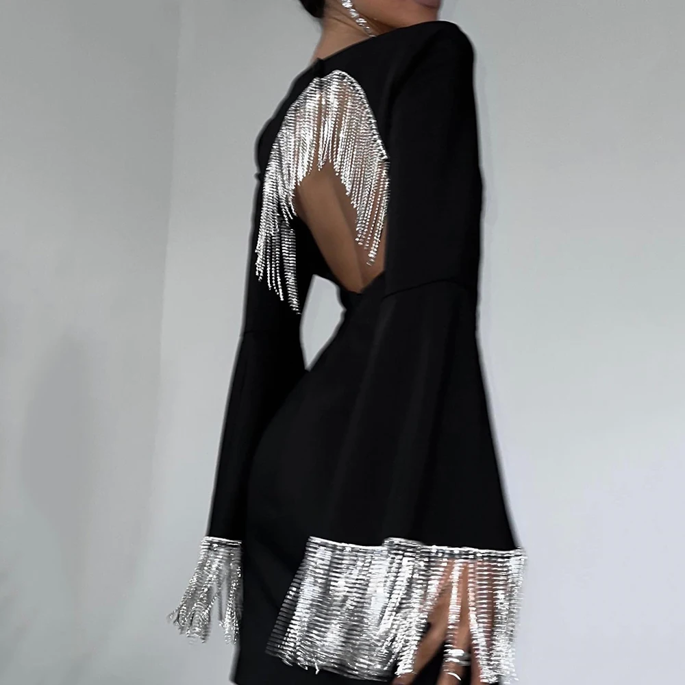 

Черное женское платье с блестками и кисточками, элегантное роскошное платье с длинным рукавом, расклешенная юбка для ночного клуба, с вырезами, короткие сексуальные платья, осенние платья с открытой спиной