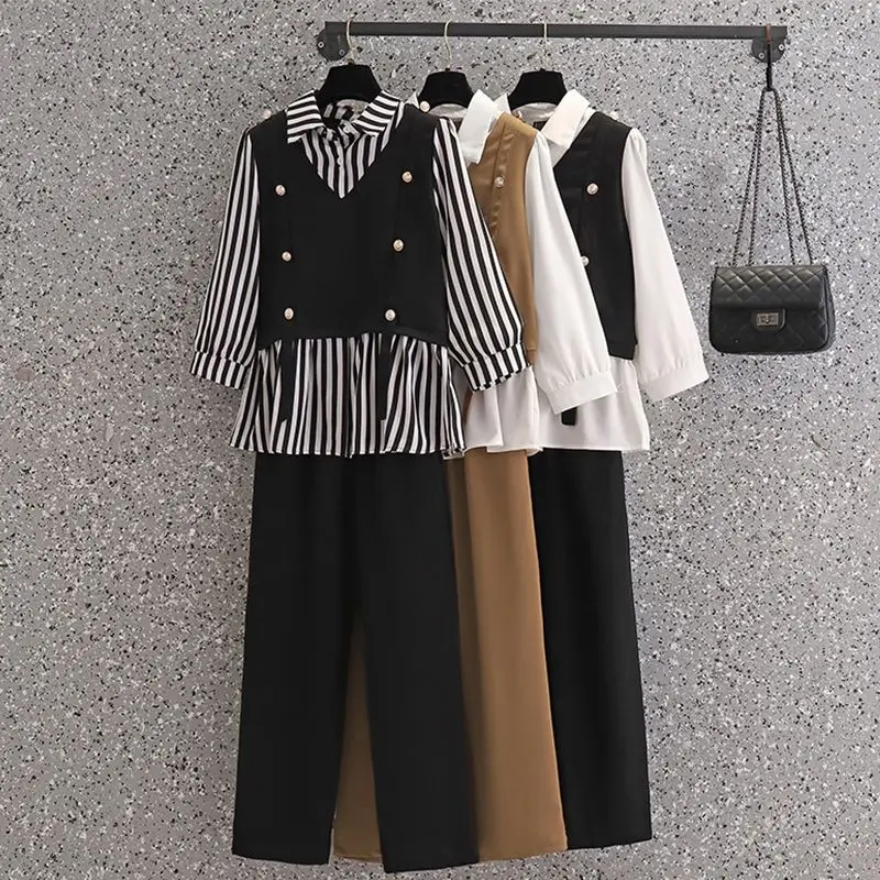 Button Decoration Striped Patchwork Chiffon Shirt Casual Wide Leg Pants Two-piece Elegant Women's Pants Set Office Outfits