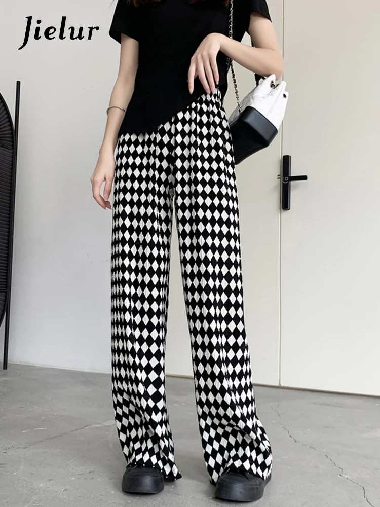 

Jielur Black Checkerboard Plaid Pants Women Korean Casual Street High Waist Trousers Thin Ice Silk Straight Wide Leg Pants XS-XL