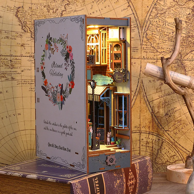 

Diy Wooden Book Nook Shelf Insert Building Kits Miniature Island Holiday Bookends Doll Houses Bookshelf Handmade For Adult Gifts