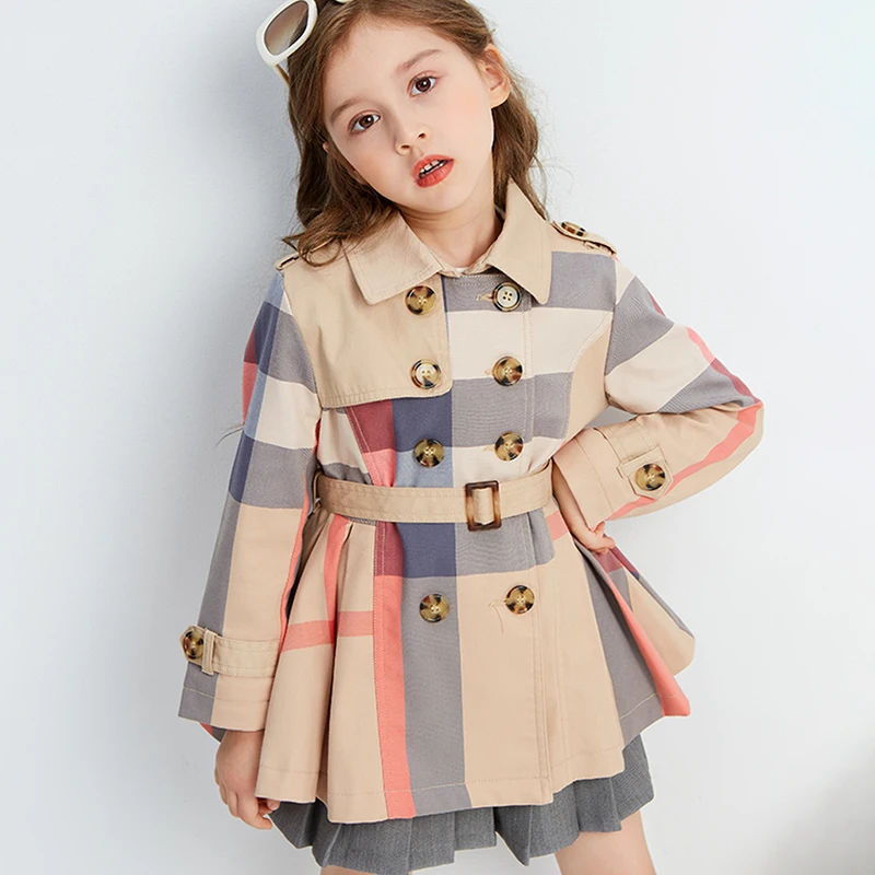 Kids Jacket Girls Trench Coats Spring Autumn Girls Trench Coat New Teenage Long Sleeve Trench Jacket Double Breasted Belted Windbreaker Kids Plaid Coat 2-12Y