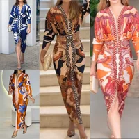 Sexy V-neck Long Sleeve Printed Dress High Waist Split Polyester Women's Fashion Elegant Commute Style Summer New Arrival