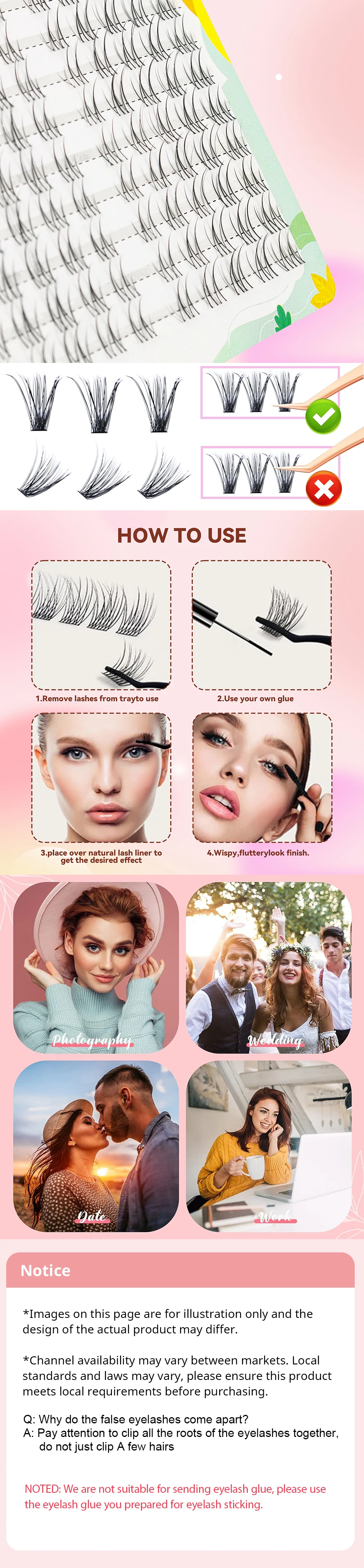 100 Stück Wimpern-Cluster, natürliche Simulation, segmentierte Einzel-Cluster, transparent, feiner Stiel, selbstpfropfende Feenhaar-Wimpern – Detail 3